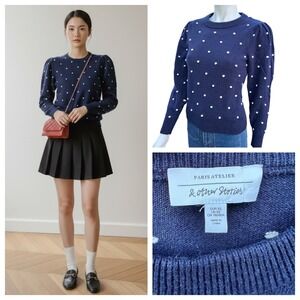 & Other Stories Paris Chic Polka Dot Sweater Preppy Puff Sleeve Wool Navy  XS